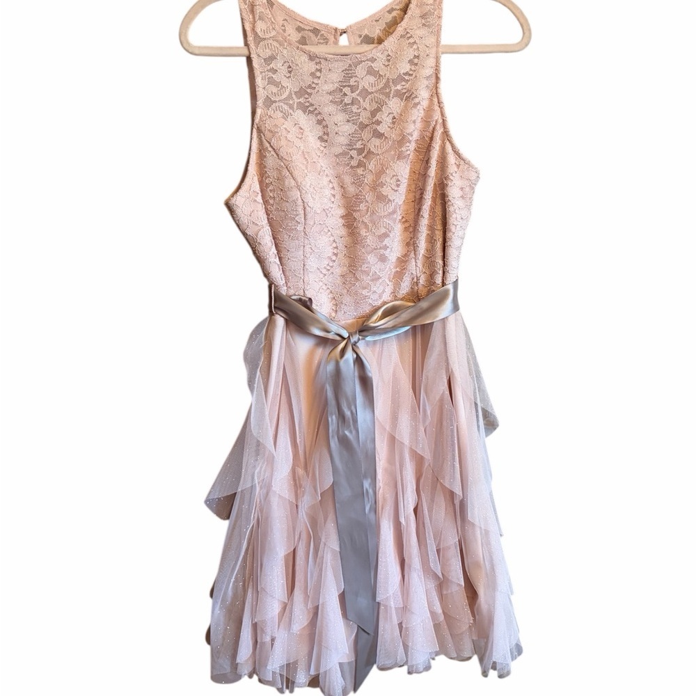 Le Chateau Junior Size 11 Pink Lace Dress with Mesh Skirt-Silver Sash-Lined - Picture 2 of 11